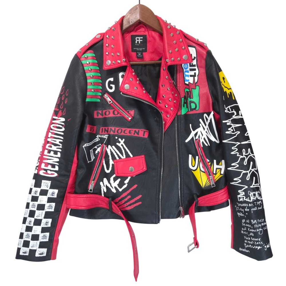 Red Fox Graffiti Studded Faux Leather Moto Jacket M Black Red Punk Edgy Goth Pop